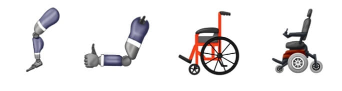 imagem com 4 novos emojis: prótese de braço, prótese de perna, cadeira de rodas para paraplégico e tetraplégicos. 
